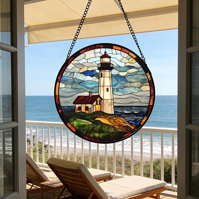 DASTOLL Stained Glass Window Hanging, Ocean Lighthouse Sun Catchers Glass Panel Blue Green Suncatcher Decor for Birthday for Women, Men, Wife, Aunt, and Mom 11.8 in