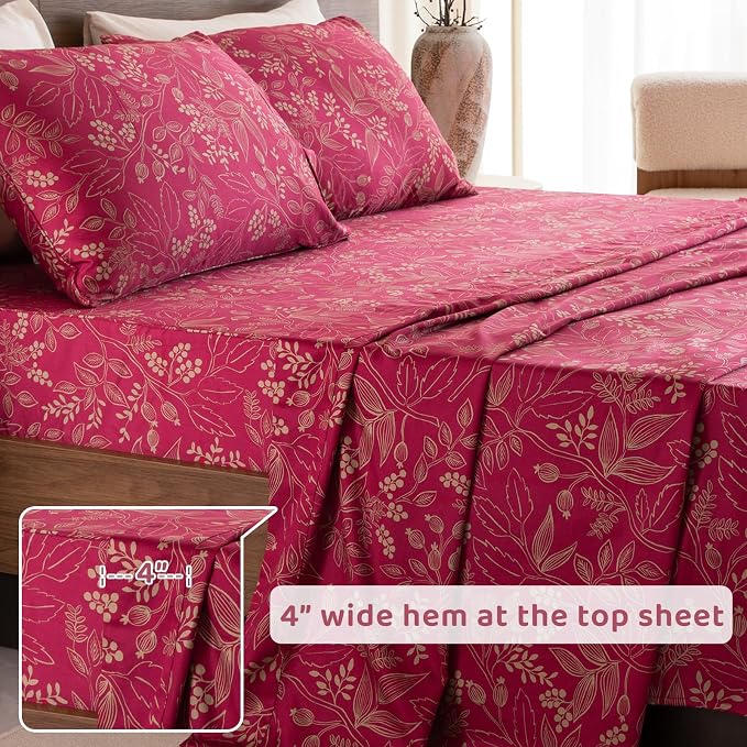 QSH Floral King Size Sheet Sets - 100% Egyptian Cotton Floral Bedding Sheets Red Flower Pattern Botanical Printed Bedding King Size Bed Sheets 17.5" Extra Deep Pocket 4pcs