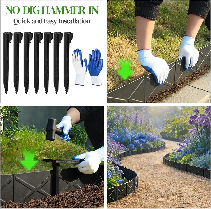 Hlogree 6 Pack Metal Landscape Edging, Garden Edging, Garden Border with 6 Pcs Anchor Stakes, No-Dig Hammer-in Heavy Duty Metal Edging Border for Flower Bed, Yard & Pathway (X-Shaped Black, 8inch)