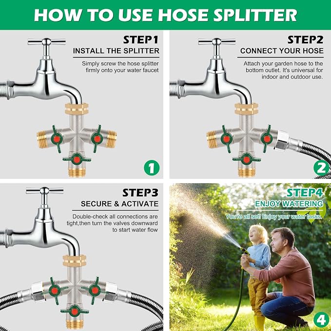 Love is War Brass 3 Way Garden Hose Splitter with Individual Shut Off Valves, Heavy Duty 3/4 Inch Outdoor Water Hose Connector Splitter for Garden Faucet Spigot