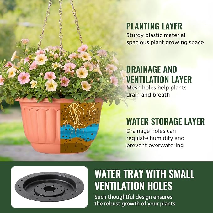12 Sets Hanging Planters for Indoor and Outdoor Plants Self Watering Hanging Basket Flower Pots Plastic Plant Pots with Drainage Hole and Absorbing Tray(Terracotta,8 Inch)
