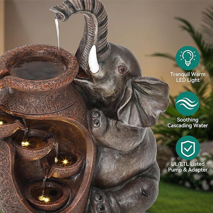 AUTODAYA 19" H Elephant Jar Outdoor Water Fountain, Rustic Farmhouse Water Feature with Tranquil Cascading Waterfall, Relaxing Garden Patio Yard Deck Kitchen Floor Tabletop Decor