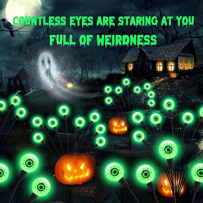 ASMAD Halloween Decorations Outdoor Solar Scary Eyeball Lights, 8Pack 64LEDs Green Eyeball Swaying Firefly Light, Waterproof Halloween Path Lights for Garden/Yard/Patio/Party Decor