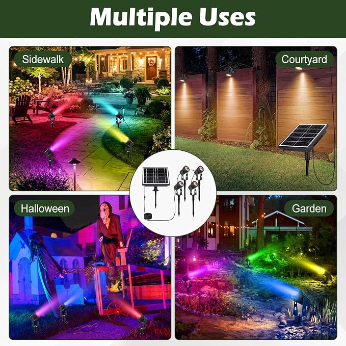 2 Set 4 in 1 RGB Solar Landscape Spot Lights Outdoor with Remote, Waterproof Solar Battery Powered Color Changing Outdoor Spotlights, Auto On/Off, for Garden Yard Path Driveway Walkway