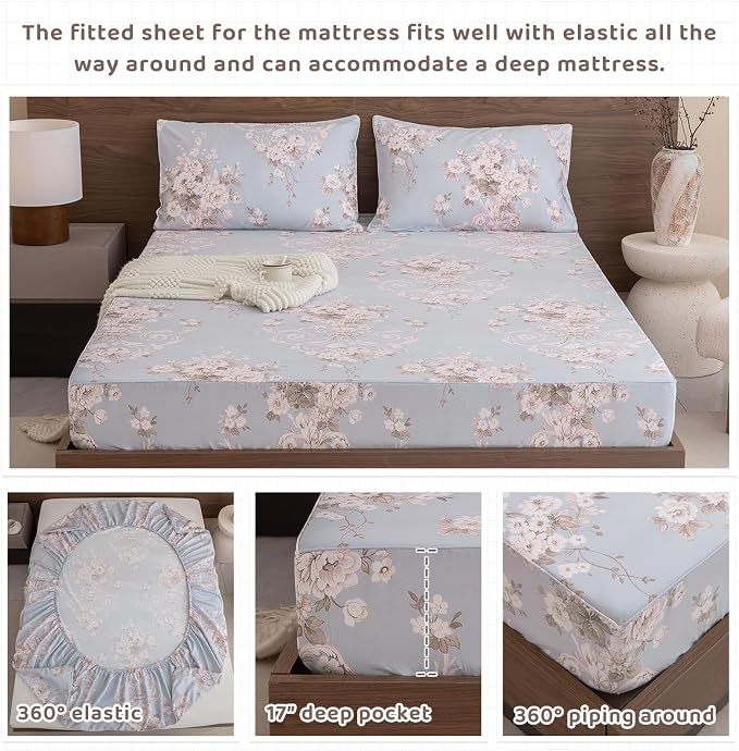 QSH Floral King Size Sheet Sets - 100% Egyptian Cotton Floral Bedding Sheets Blue Vintage Paisley Flower Pattern Printed Bedding King Size Bed Sheets 17.5" Extra Deep Pocket 4pcs