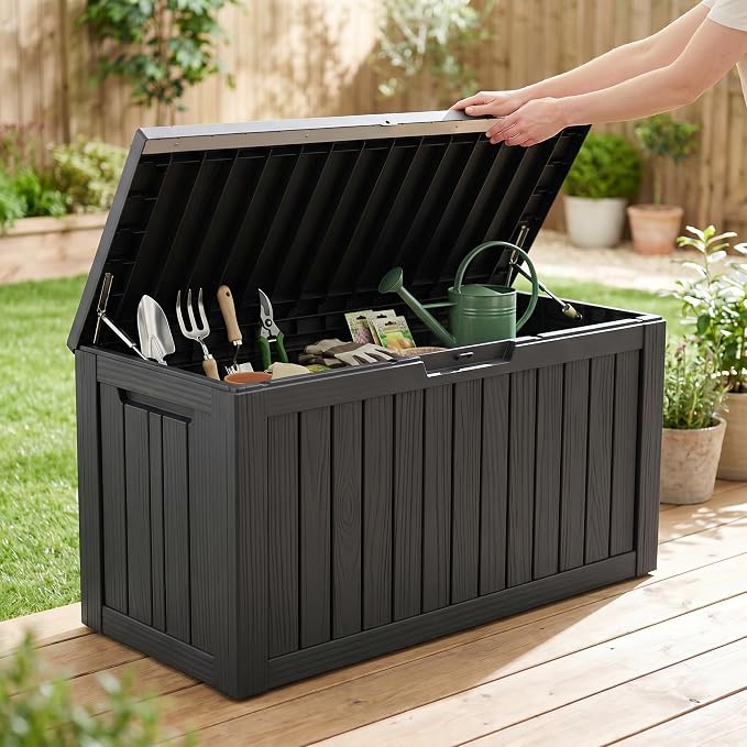 80 Gallon Deck Box, Waterproof Resin Outdoor Storage Box Lockable for Patio Furniture, Fade Resistant Patio Side Table & Organizer for Garden Tools, Pool Floats, Outdoor Cushions, Black