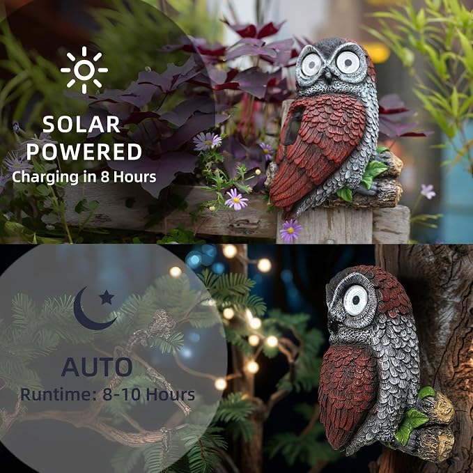 LED Solar owl wall Hanging Light, Outdoor Atmosphere Decoration lamp, Cute Resin owl Eye Glowing Garden Landscape Light.