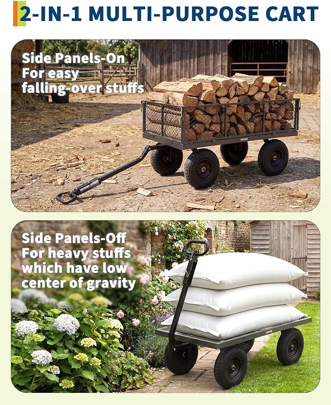 Garvee Versatile Outdoor Utility Cart-1000LBS Heavy-Duty, 13" All-Terrain Pneumatic Tires, Vehicle-Connectable, Easy Maneuverable Lawn Cart with Removable Mesh Panels for Gardening & Landscaping,Grey