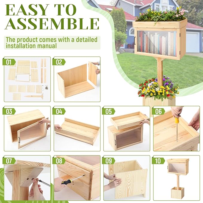 Wonderjune Wooden Little Library Box Outdoor Free Library Box Storage with Floor Plugs and Small Flower Fence for DIY, Neighborhoods, Community, Schools Sharing Books, Newspapers