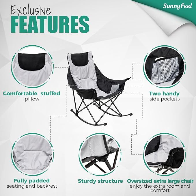 SUNNYFEEL Oversized Rocking Camping Chair, Fully Padded Patio Chair with Side Pocket, High Back Portable Lawn Recliner with Headrest, Outdoor Camp Rocker Chairs for Adults Heavy Duty 500 LBS Carry Bag