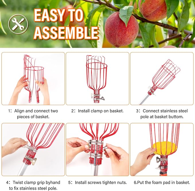 26FT Reach Fruit Picker Pole with Basket Telescoping,Apple Picker Pole with Basket,Lightweight Aluminum Pole Fruit Catcher for Trees,Orange Picker Suit for,Pear,Lemon,Mango,Guava,Avocados