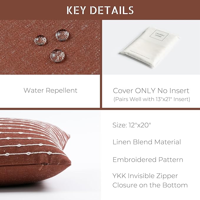 Crumbs Home Modern Farmhouse Fall Linen Indoor Outdoor Lumbar Pillow Cover Only, 12"x20" Water Repellent for Patio, Backyard, Couch, Rust Neutral Embroidered Stripes
