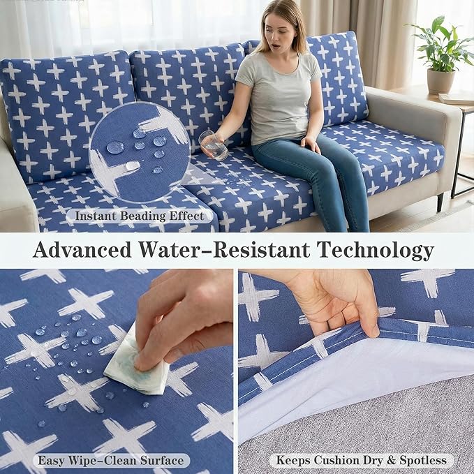 8 Pack Outdoor Cushion Covers Water Resistant High Stretch Fit Patio Cushion Covers 180g Couch Seat Slipcovers Machine Washable Pet & Kids Friendly Home Refresh 20-27 Inch, Navy Cross