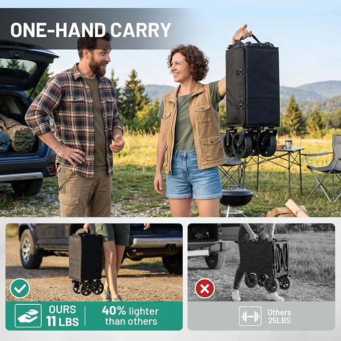Overmont 3-in-1 Folding Utility Wagon 11lb Lightweight Cart with Side Open | 120L 220 lb Capacity Adjustable Handle & Swivel Wheels for Grocery Runs, Camping, Sports, Garden, Shopping, Picnics and Pets