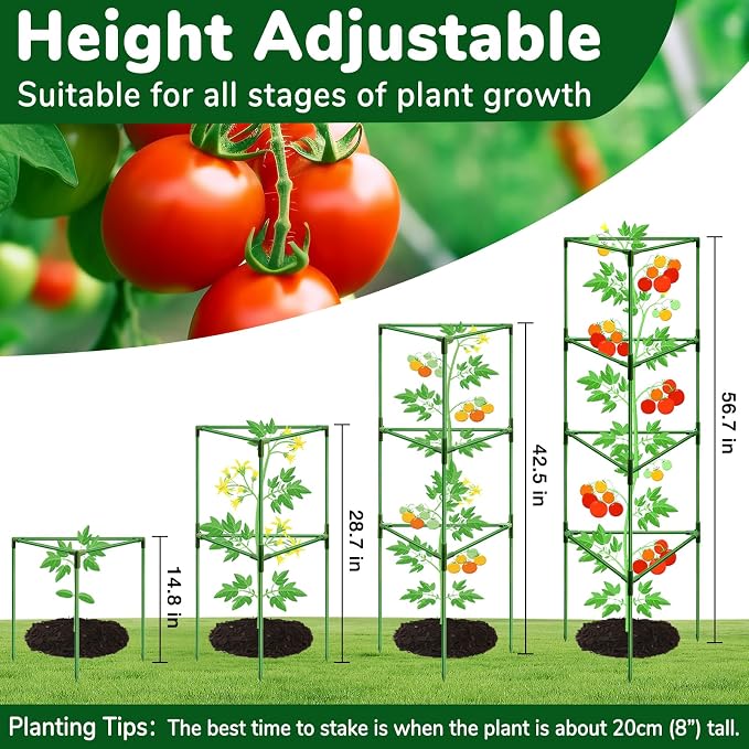[Upgraded] ZeeDix 6 Pack Heavy Duty Tomato Cages for Garden, 57 Inch Foldable Plant Trellis Support Stakes for Heavy Climbing Plants, Adjustable Tomato Cage for Indoor Pots & Raised Garden Bed Outdoor