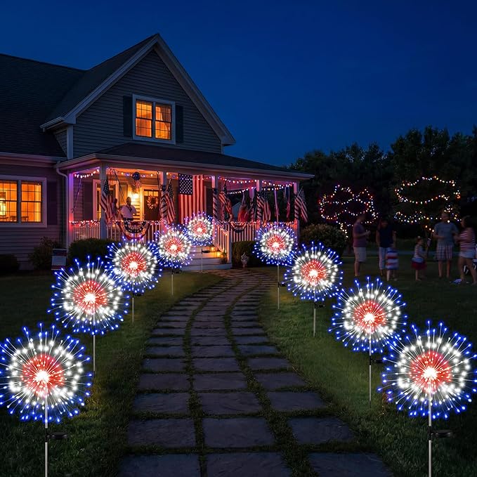 Tujoe 9 Pcs 4th of July Solar Firework Lights Patriotic Solar Light Outdoor Garden 120 LED 8 Modes Waterproof LED Sparkler Light for 250th Anniversary Patio Yard Pathway Walkway (Colorful)
