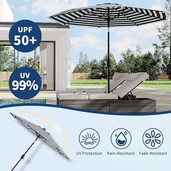 Garvee 9 ft Patio Umbrella - 8 Sturdy Ribs Outdoor Table Umbrella with Crank Lift & Push Button Tilt - Market Umbrella for Pool, Deck, Yard, Garden - Black & White Stripe