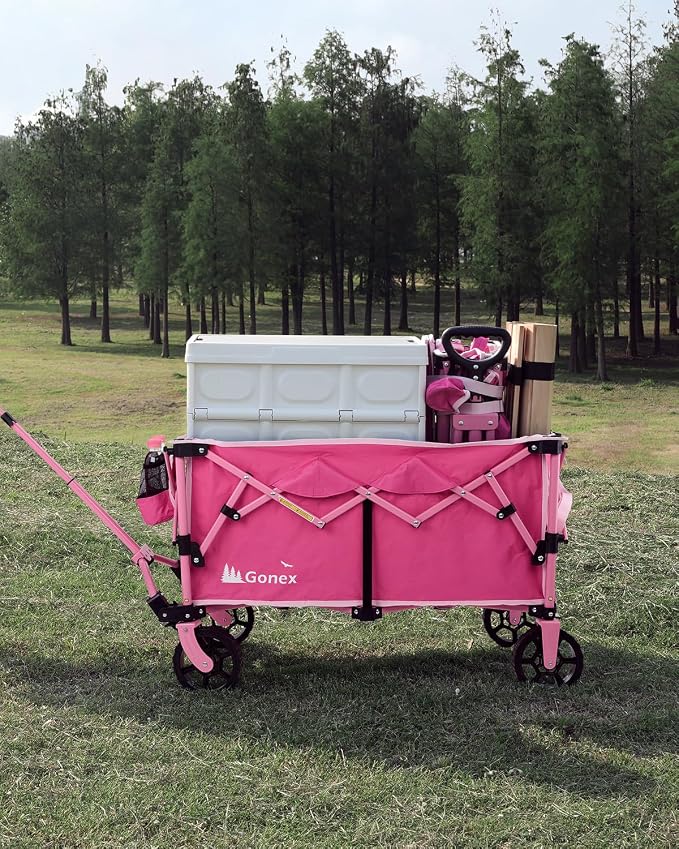 Gonex 38''L Collapsible Foldable Wagon Cart with 360lbs Weight Capacity,220L Folding Utility Garden Cart with Detachable Wheels for Grocery Sports Shopping Camping - Pink