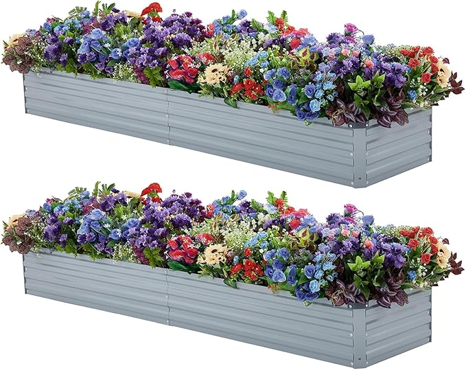 Meberam 2 Pack 8x2x1FT Galvanized Raised Garden Bed Kit, Outdoor Metal Planter Box for Vegetables, Bottomless Rectangular Gardening Bed with Support Rods, Tool-Free Assembly, Gray