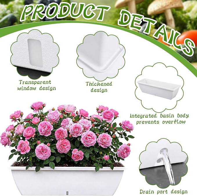 8 Pcs 24 Inch Plastic Flower Window Box Planter with Water Absorbing Net Drainage Holes & Visible Water Level Window, Rectangular Vegetable Flower Pots for Indoor Outdoor (White)