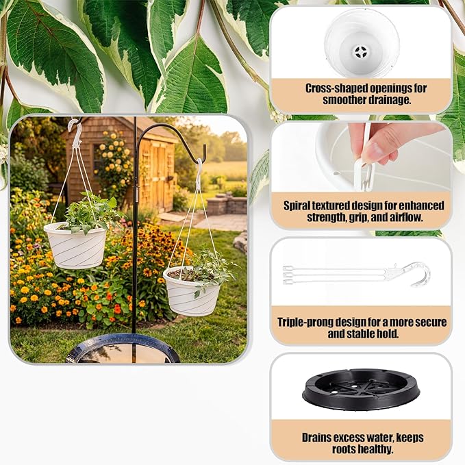8 Pcs 10 Inch Modern Euro Swirl Hanging Planter Uv-Resistant Plastic Hanging Basket Smart Drainage Lightweight Indoor Outdoor Flower Pots for Garden Porch Balcony Patio Home Decor (White)