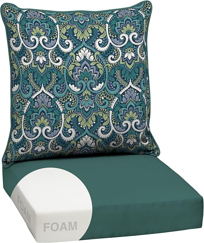 Arden Outdoor Foam Deep Seat Cushion Set, 24x24, Premium High-Density Foam, Never Flattens, Weather-Proof for Patio Chair Sofa Couch, Sapphire Aurora Blue Damask