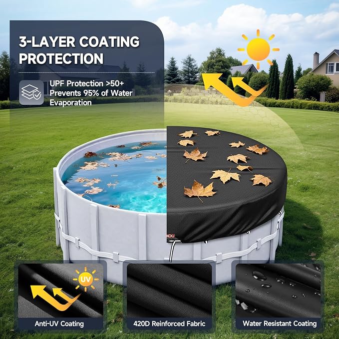 LXKCKJ 10 Ft Pool Cover for Above Ground Pool, Round 420D Solar Oxford Tarp | 100MPH Windproof with 2 Buckles and & Weight Rings, 634N Tear-Resistant, Waterproof 10000PA, UV Protection, Cuts Evaporation
