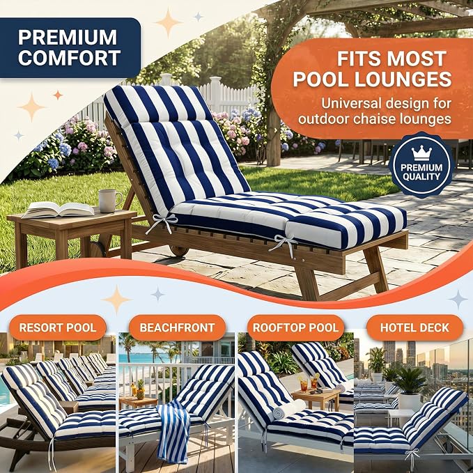 MAGIC ELEPHANT Chaise Lounge Cushion Outdoor, Memory Foam Patio Lounge Chair Cushion with Ties for Outdoor Furniture, 74 x 22 x 4 Inch (Navy Stripe)