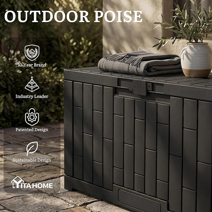 YITAHOME 60 Gallon Outdoor Storage Box, Large Water Resistant Resin Deck Box with Slide-Locking, Indoor Outdoor Bamboo-Textured Storage Container for Patio, Garden, Cushions, Tools, Equipment (Black)