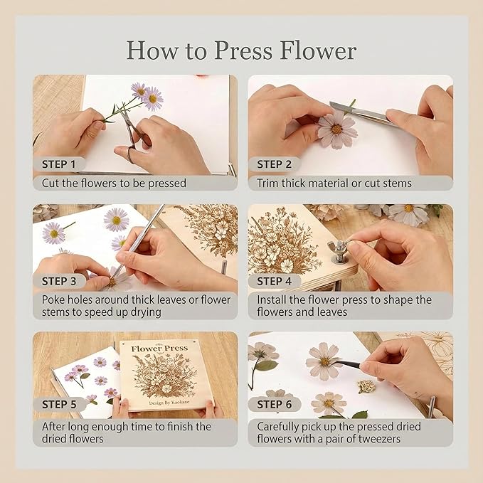 Kaokane Flower Press Kit, 9x9 Large Wooden Flower Presser with 4 Reusable Drying Plates & 4 Blotting Papers, Handcrafted Botanical Pressing Kit for Wedding Flowers, DIY Art Crafts Mothers Day Gifts