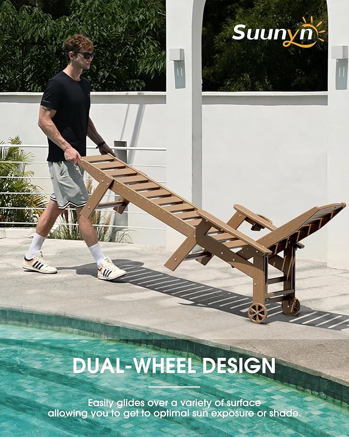 Lounge Chair Outdoor Set of 4 with Wheels, Adjustable 5-Position Chaise Lounge Outdoor, Patio Lounge Chair for Poolside Backyard, Teak