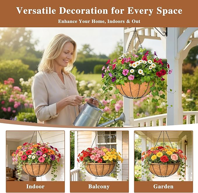 4 Pack Hanging Planter for Outdoor Plants 14 inch Metal Hanging Flower Basket with Coco Coir Liner Round Wire Plant Holder Chain Flower Pots Outdoor Garden Decoration Watering Hanging Baskets(XG)