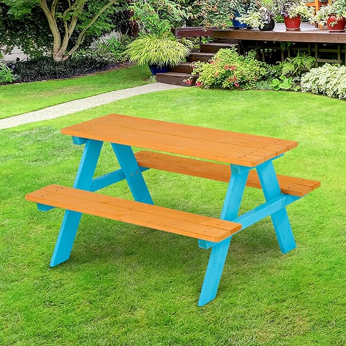 Teamson Kids - Wooden Outdoor Child Children Kids Picnic Table & Chair Bench Set - Brown/Aqua