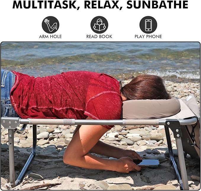 Tanning Chair with Sun Canopy Face Hole Softer Padded Adjustable Washable, Heavy Duty Layout Folding Lounge Chair for Adults Outside Beach Reading Sunbathing Poolside Lawn, UPF 50+ Sun Shade, 300 LBS