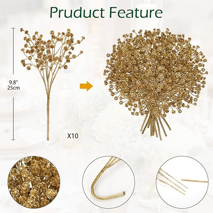 Baby's Breath Artificial Flowers Bulk 10 Pack (30pcs) Faux Baby Breath Plastic Flower Fake Gypsophila Flower Arrangement for Crafts Fake Flowers Bouquet for Wedding Centerpieces Gold Baby Breath