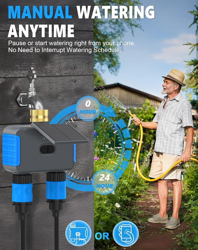 WiFi Solar Sprinkler Timer, 2 Zone Smart Bluetooth Hose Timers, Water Timer for Garden Hose with APP, Digital Automatic Irrigation System Compatible with Alexa Google, for Outdoor Garden Lawn