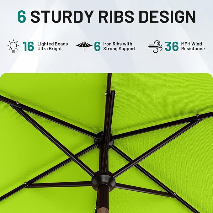 AreShark 6.5' x 10' Rectangular Patio Umbrella with Solar Lights, Solar Powered Lighted Market Umbrella w/Tilt and Crank, Outdoor Table Umbrella for Garden, Deck, Backyard, Pool, Apple Green
