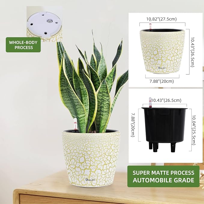 Dexceder 11x10 Self Watering Planter (White Gold Crackle) | Inner Pot Design, Thickened Table Flower Plant Pot with Water Level Indicator Indoor Outdoor