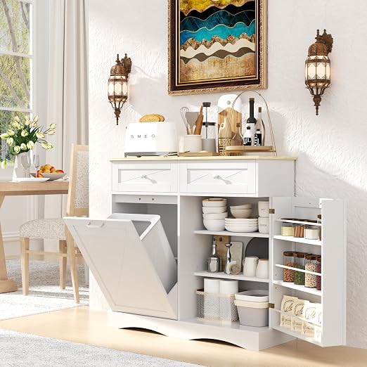 kepptory Tilt Out Trash Can Cabinet 12 Gallon, Pull Out Trash Can Storage Cabinet with 2 Drawers & Countertop, White Kitchen Cabinet with Adjustable Shelf, for Kitchen Pantry, Modern Farmhouse