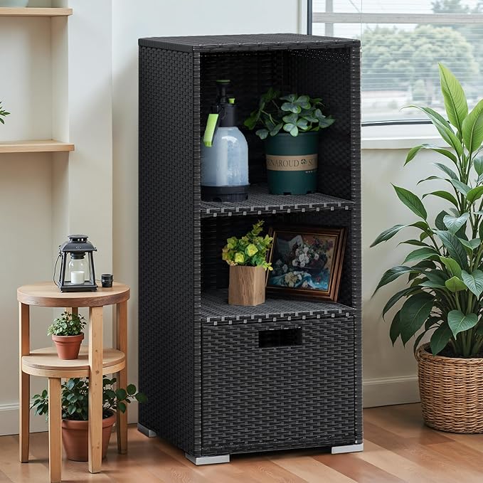 Devoko Outdoor Pool Towel Rack Patio Waterproof Rattan Wicker Storage Cabinet Shed with Shelves & Drawer (Black)