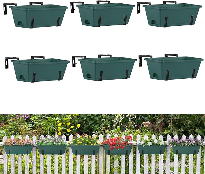 ETELI 6 Pack Deck Railing Planter Boxes with Adjustable Metal Hanging Brackets, Indoor Outdoor Hanging Window Boxes Planters with Drainage Tray for Patio, Lawn, Green & Black