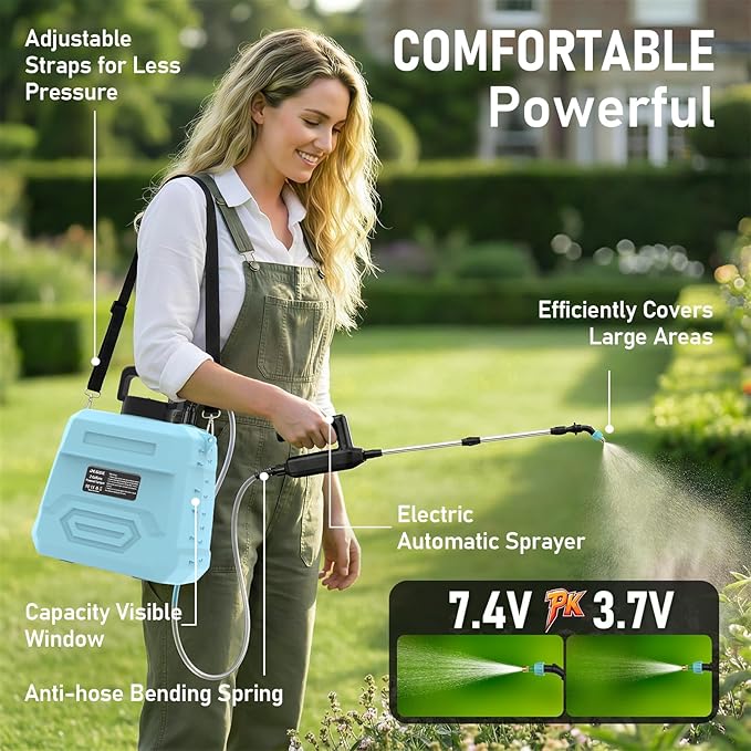 Weed Sprayer 2 Gallon, 7.4V Battery Powered Sprayer, Weed Killer Sprayers with 5 Mist Nozzles,Rechargeable Handle,Retractable Wand and Adjustable Strap for Garden, Yard,Lawn (Blue)