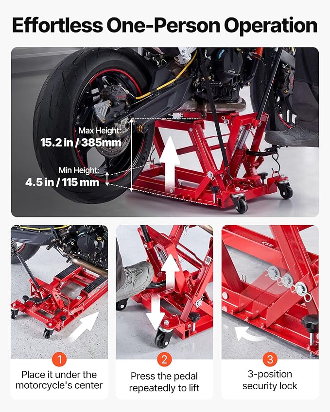 VEVOR Hydraulic Motorcycle Lift Jack, 1500 lbs Capacity, ATV Lift Jack Portable Motorcycle Hoist Stand with 4 Wheels, 4.5"-15.2" Height Range, Hydraulic Foot-Operated Hoist Stand for ATVs, Dirt Bikes