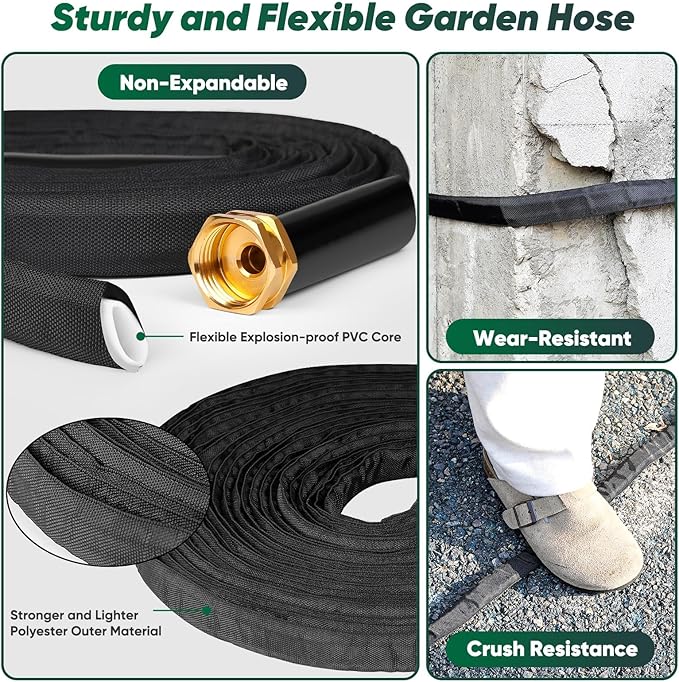 Garden Hose 50 ft, Non-Expanding Water Hose, Flexible Ultra-Light, Anti-Kink, Wear-Resistant, Portable, Easy Storage, Hose with 3/4 for Outdoor, Garden, Yard and Lawn