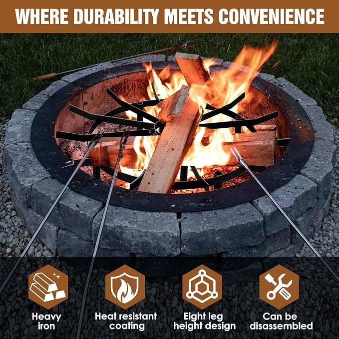 24" Round Fire Pit Grate - 8-Leg Design with 12 Bars, Reinforced Rim & High-Temp Powder Coat for Ultimate Stability & Safety - Ideal for Fireplace, Hearth, Wood Stove and Outdoor Campfire