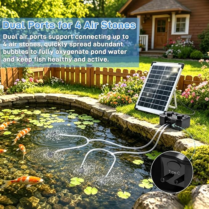 Yeomi 6W Solar Oxygen Pump, Solar Pond Aerator, Split Design Aquarium Oxygen Pump with Dual Air Ports, 5/10H Working Mode, Solar Aerator for Pond, Fish Tank, Aquarium, Hydroponics