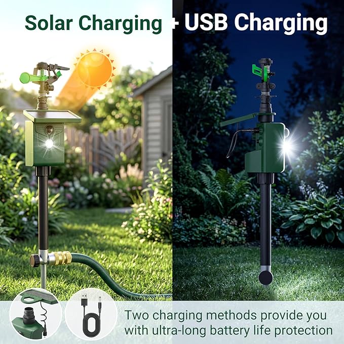 Motion Activated Animal Repeller with Water Sprinkler, Deer Repellent Devices Solar Powered, IP65 Waterproof Cat Repellent Outdoor with Flashing Light, Deter Deer Foxes Skunks Raccoons from Garden