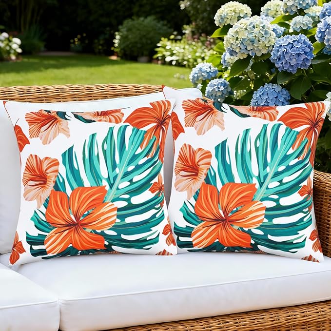 SquarePie Pack of 2 Outdoor Pillow Covers, Waterproof Decorative Throw Pillowcase Shell, Garden Cushion Shams Cases for Spring Patio Couch Balcony Bench,18x18 inch Palm Leaf Orange Flowers