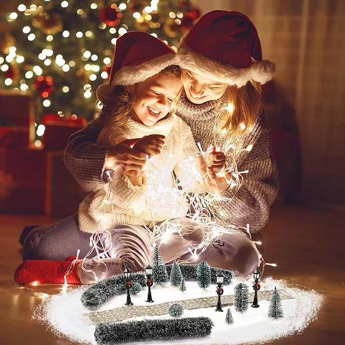 Hotop 18pc Christmas Village Accessories 47.2 Inch Village Roads Mini Snowy Trees Streets Light Lamppost Hedge Figurines Set for Display Winter Holiday Decorations DIY Crafts No Batteries(Cool)