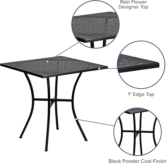 Flash Furniture Oia 28" Commercial Grade Steel Patio Table, Modern Square Rain Flower Design Outdoor Dining Table, Black